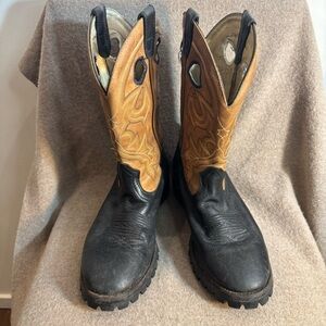 BOULET Sz 7.5 EEE Black and Tan Western Boots Distressed Rounded Toe Leather